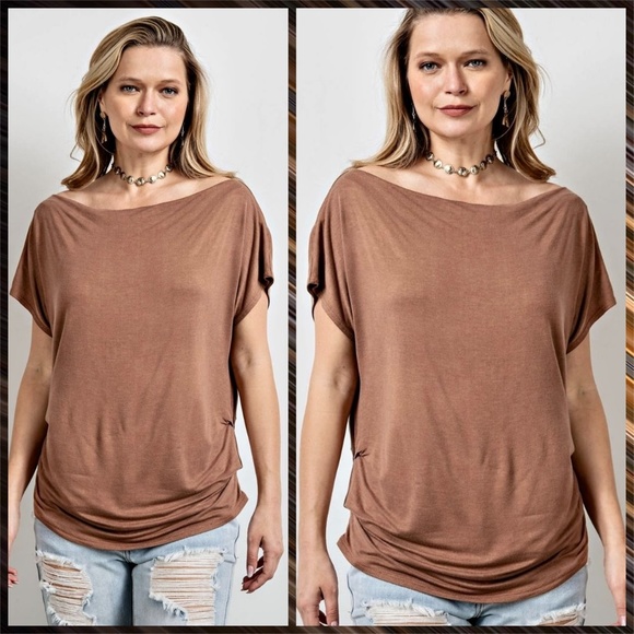 EASEL Ruched Sides Slouchy Short Dolman Sleeves Slinky Boat Neck Top Scooped Hem - Picture 8 of 13